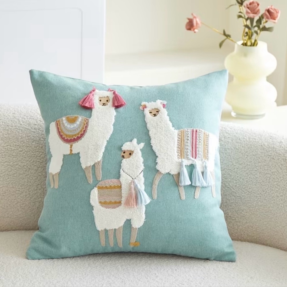 Cute Llama Embroidered Throw Pillow Cover